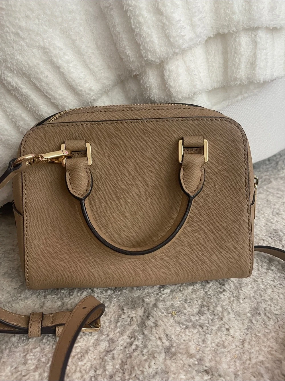 Michael Kors Saffiano Leather Satchel in Beige with Gold Hardware